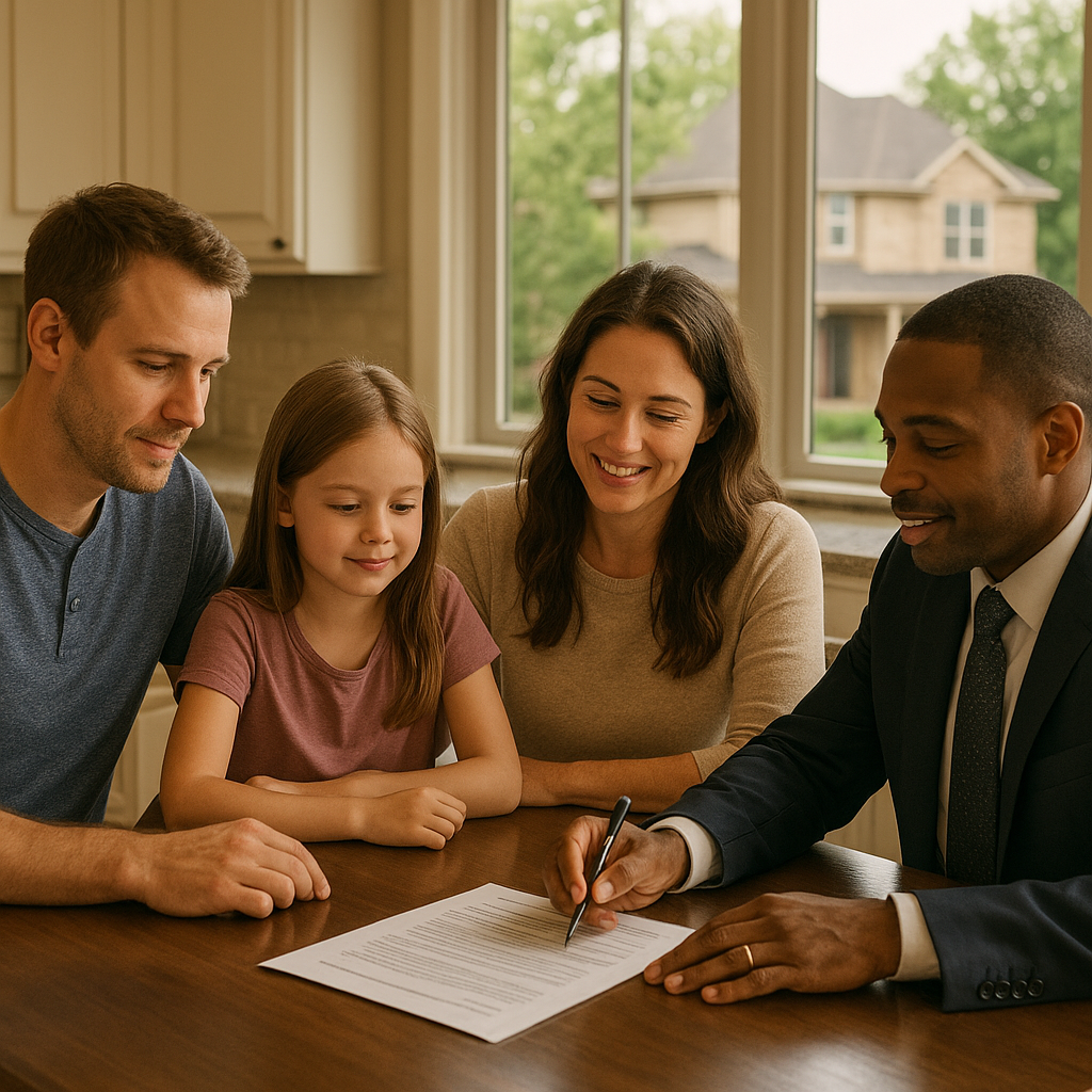 Family reviewing mortgage pre-approval documents with their loan officer at a kitchen table in a Texas home