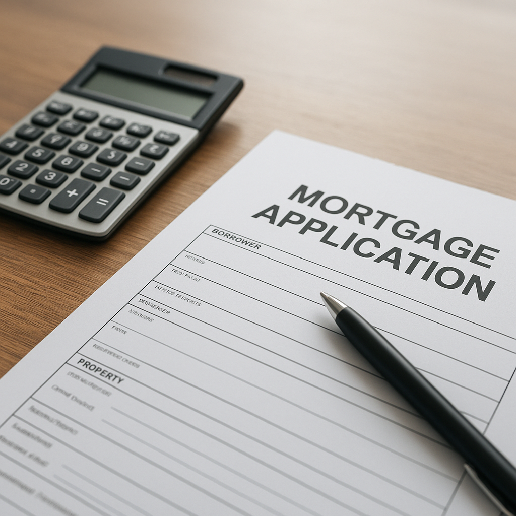 Close-up of mortgage closing documents with a calculator and pen on a wooden desk, natural light