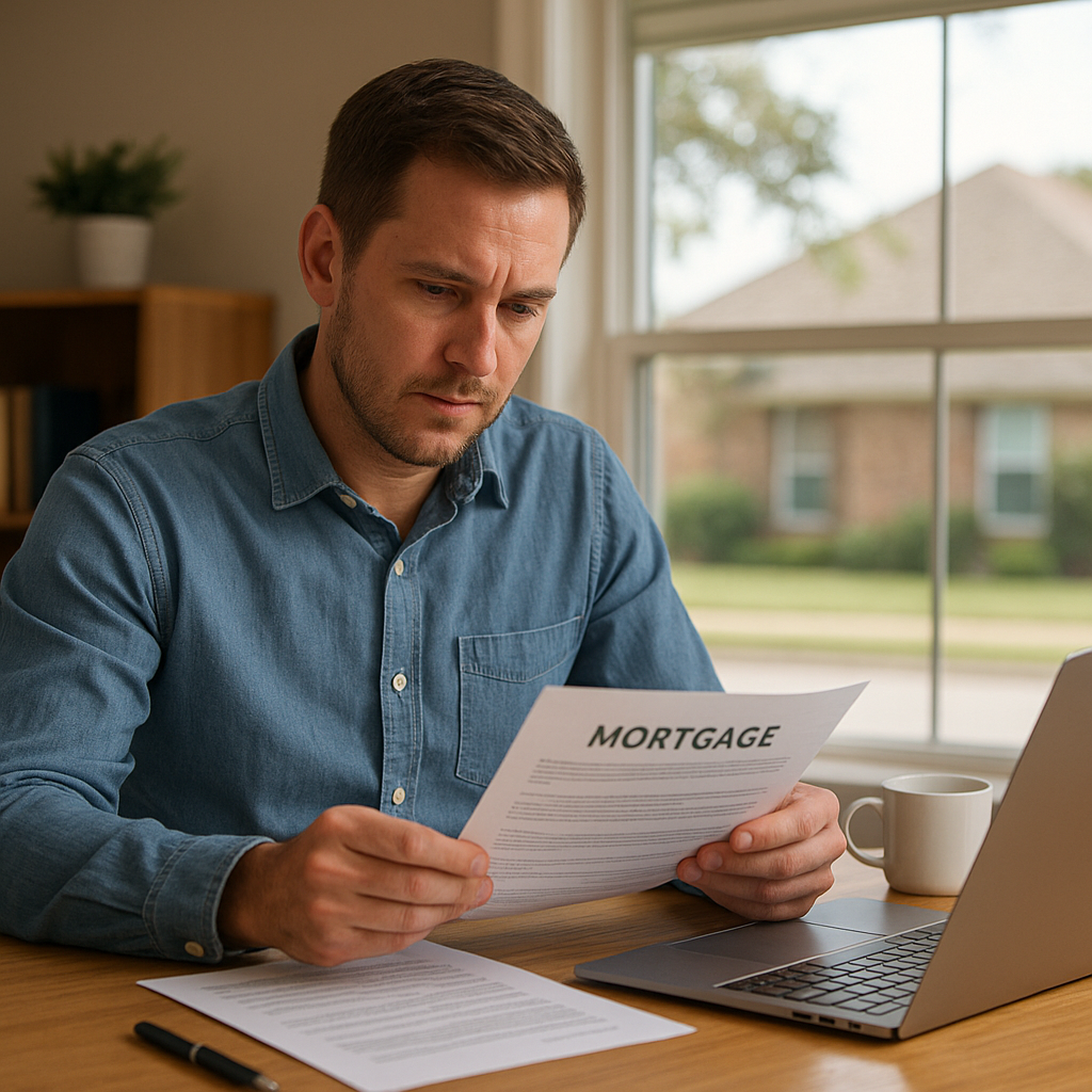 Allen TX homeowner reviewing refinance mortgage paperwork at home office in 2026