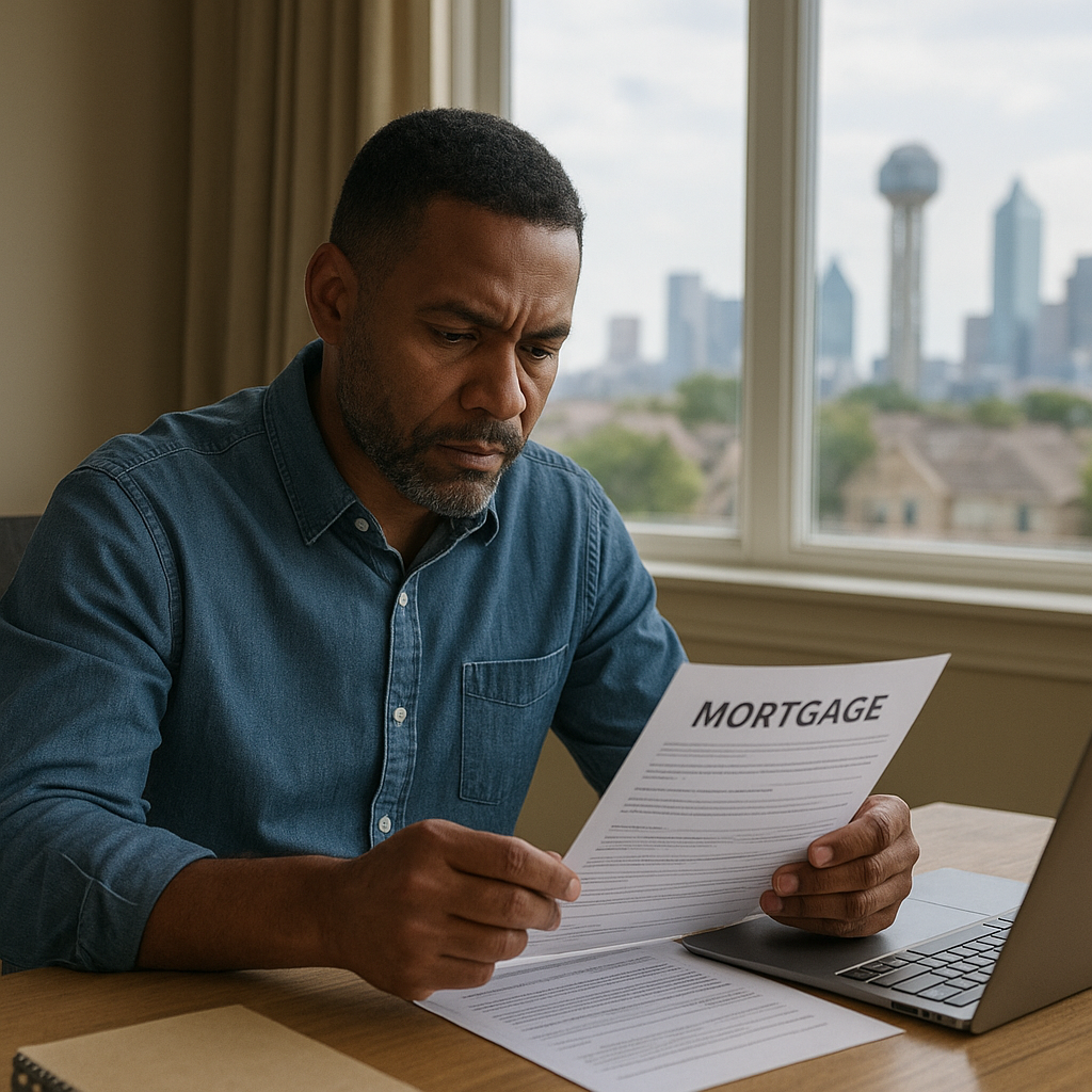 Dallas TX homeowner reviewing refinance paperwork at home office desk in 2026