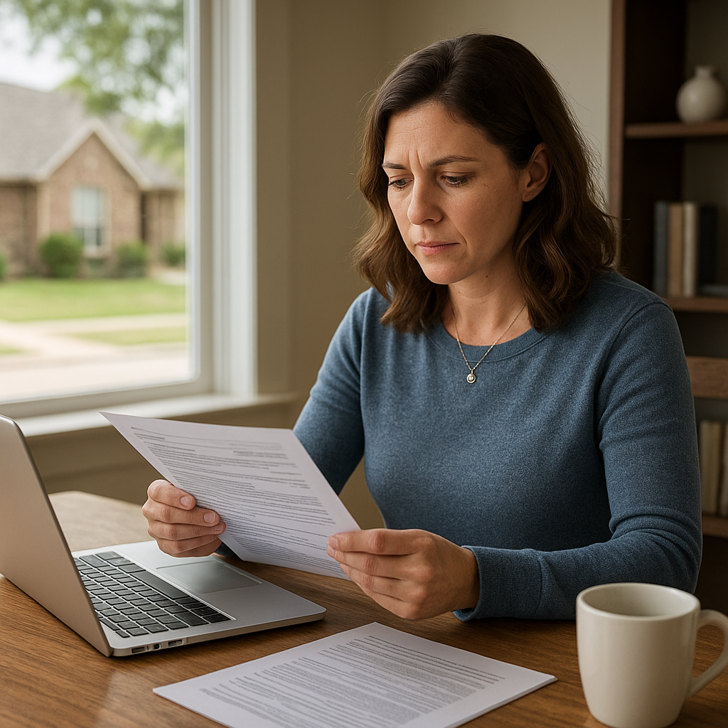 Denton TX homeowner reviewing refinance mortgage paperwork at home office in 2026