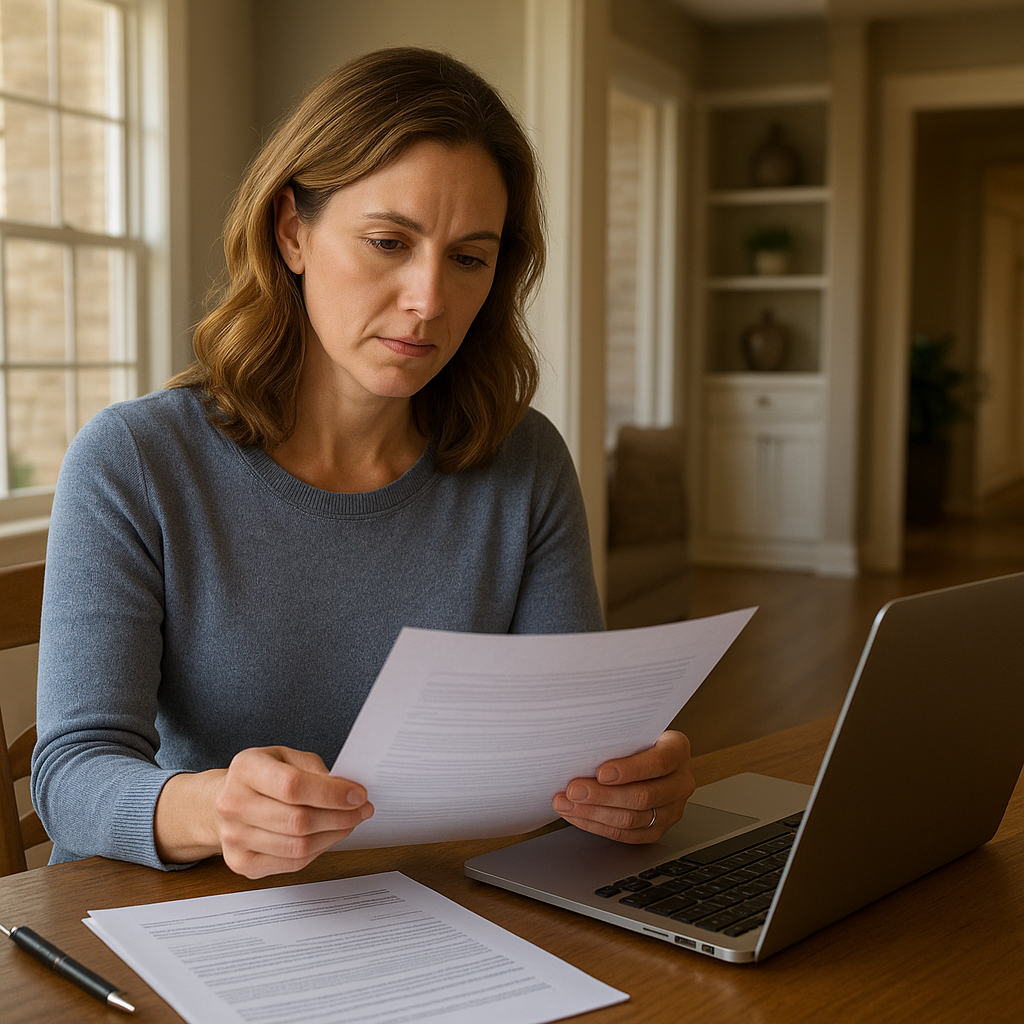 Flower Mound TX homeowner reviewing refinance mortgage paperwork at home office in 2026
