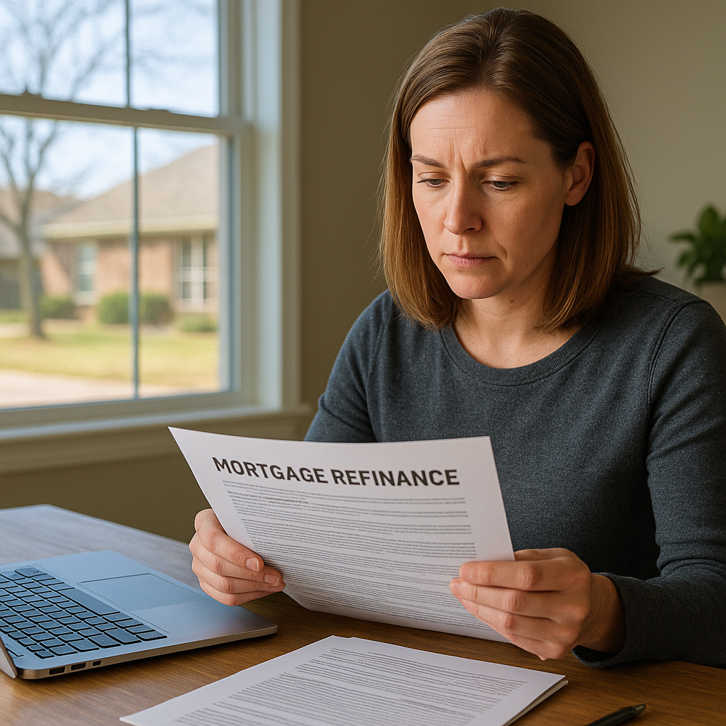 Fort Worth TX homeowner reviewing refinance mortgage paperwork at home office in 2026