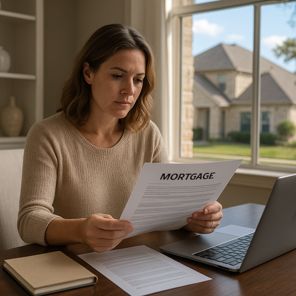 Frisco TX homeowner reviewing refinance mortgage paperwork at home office in 2026