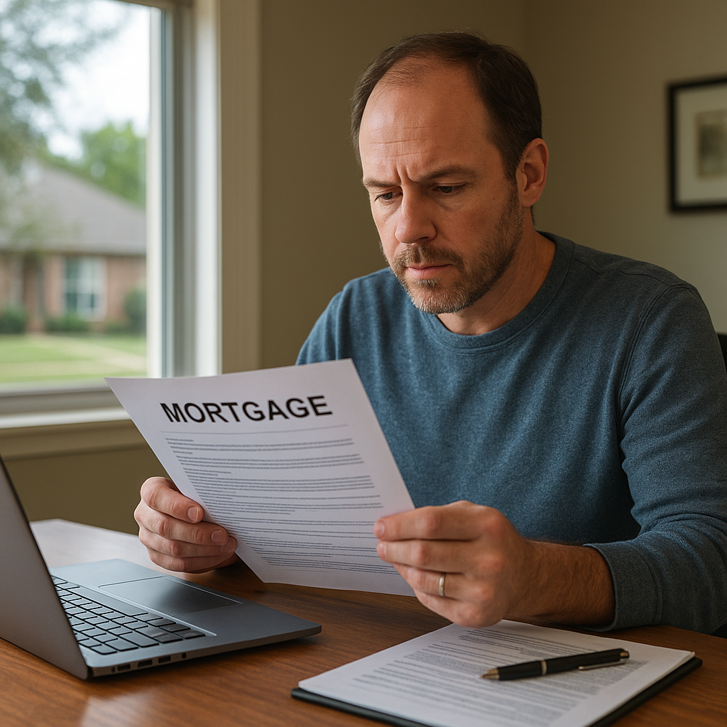 Garland TX homeowner reviewing refinance mortgage paperwork at home office in 2026