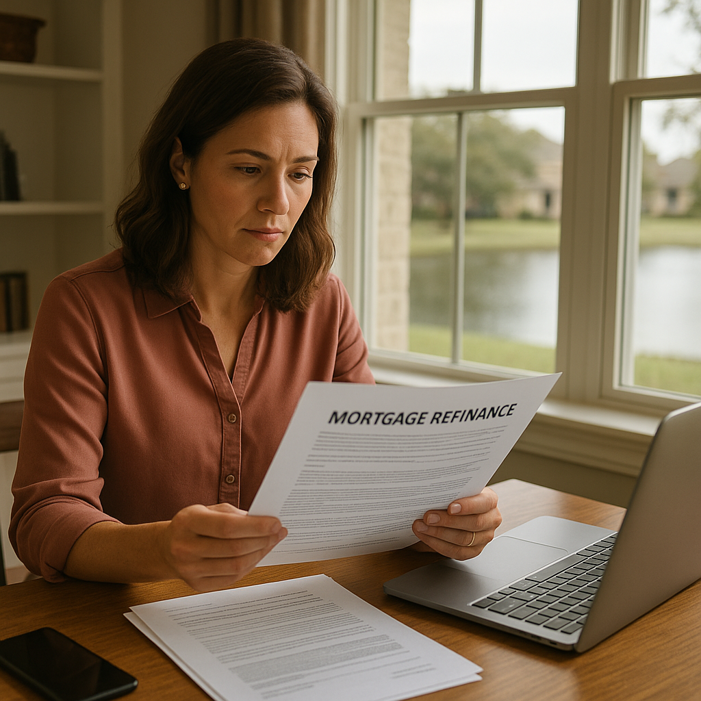Grapevine TX homeowner reviewing refinance mortgage paperwork at home office in 2026
