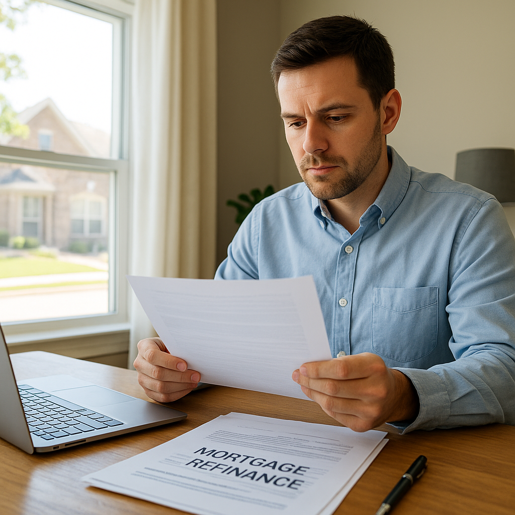 Irving TX homeowner reviewing refinance mortgage paperwork at home office in 2026