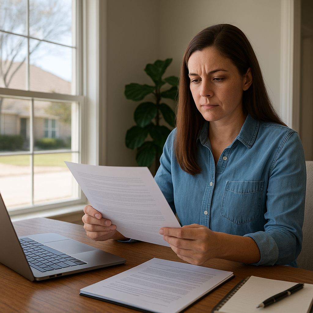 Lewisville TX homeowner reviewing refinance mortgage paperwork at home office in 2026