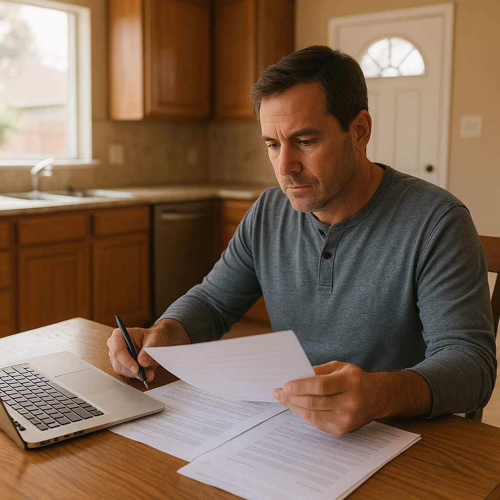 Mansfield TX homeowner reviewing refinance mortgage paperwork at kitchen table in 2026