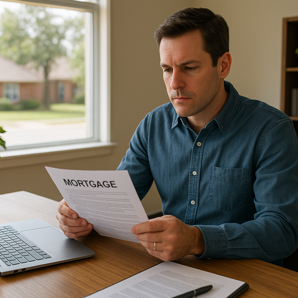 McKinney TX homeowner reviewing refinance mortgage paperwork at home office in 2026