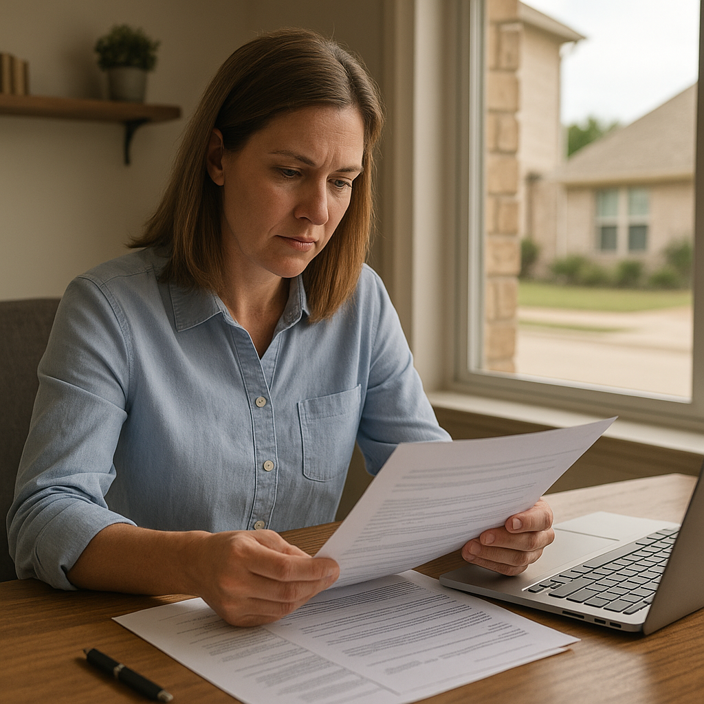 Mesquite TX homeowner reviewing refinance mortgage paperwork at home office in 2026