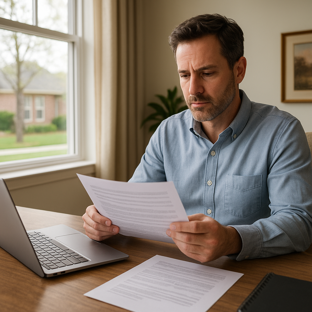 Plano TX homeowner reviewing refinance mortgage paperwork at home office in 2026