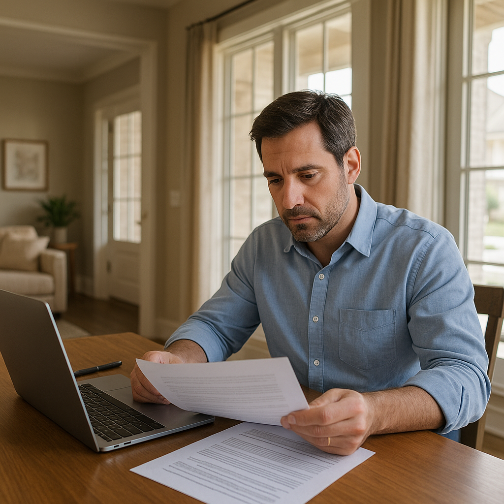 Prosper TX homeowner reviewing refinance mortgage paperwork at home office in 2026