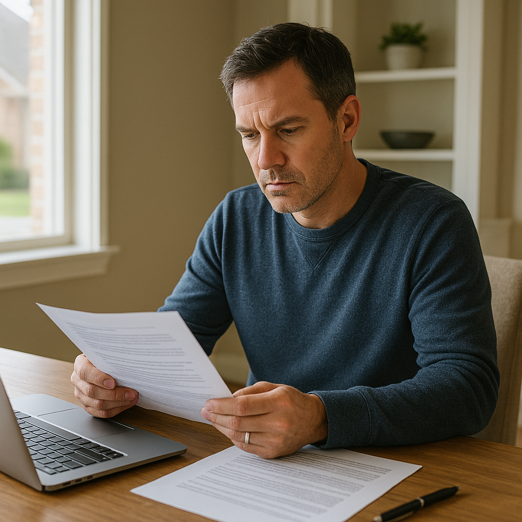 Rockwall TX homeowner reviewing refinance mortgage paperwork at home office in 2026