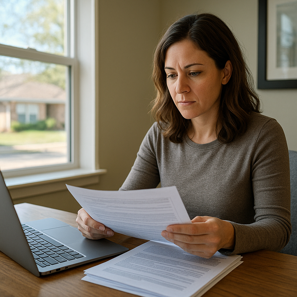 Royse City TX homeowner reviewing refinance mortgage paperwork at home office in 2026