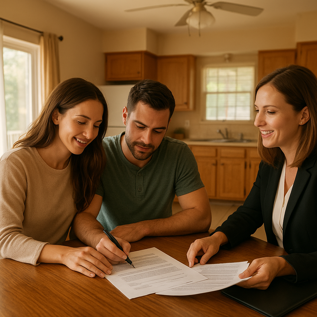 Young couple reviewing rent versus buy numbers and mortgage documents with a realtor at a Texas kitchen table