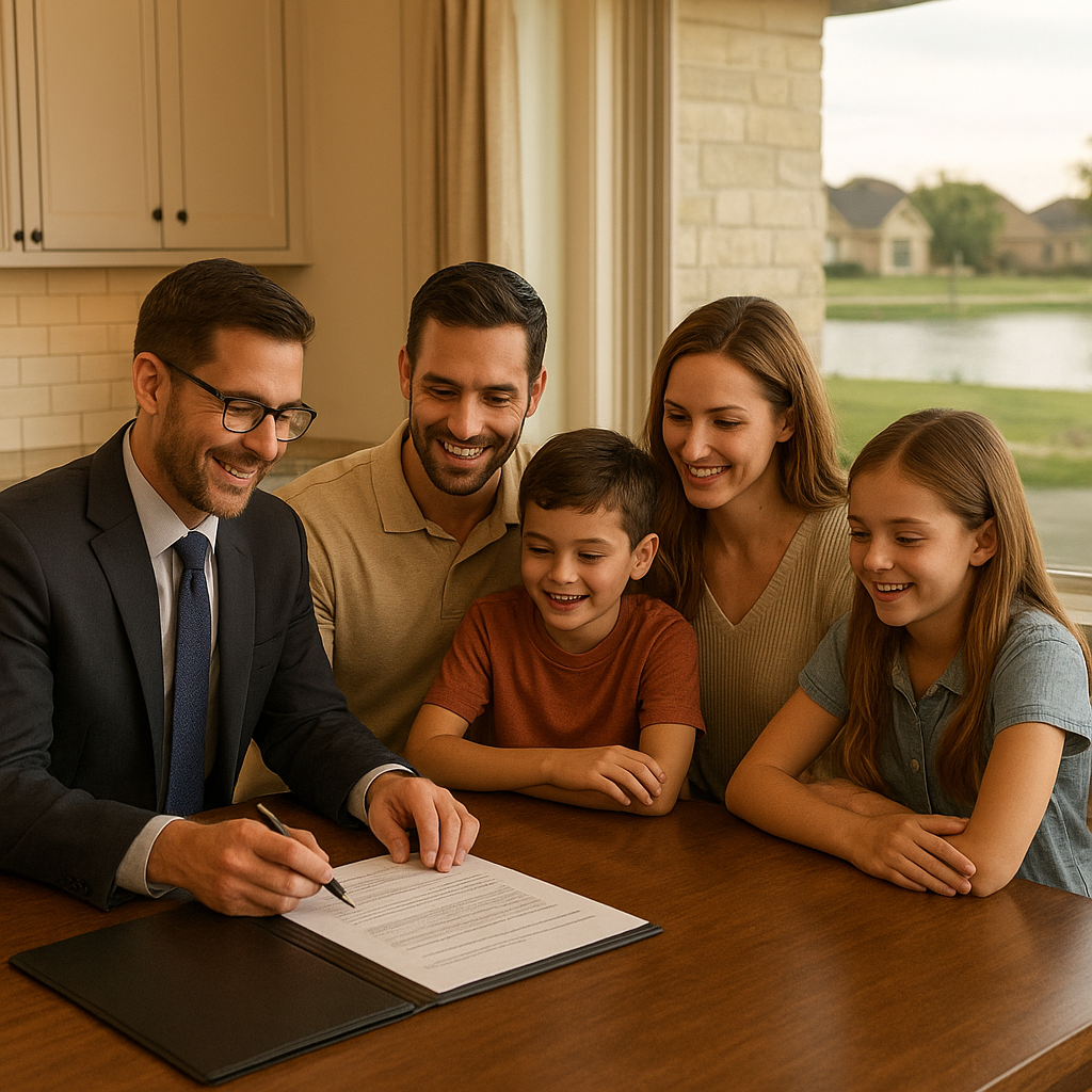 Family reviewing mortgage documents with a loan officer near Lake Ray Hubbard in Rockwall Texas