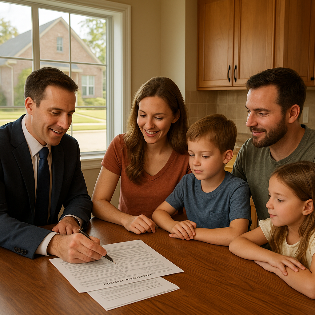 Family reviewing mortgage documents with a loan officer at a kitchen table in a Texas home