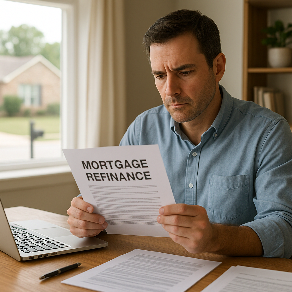 Homeowner reviewing mortgage refinance paperwork at home office desk