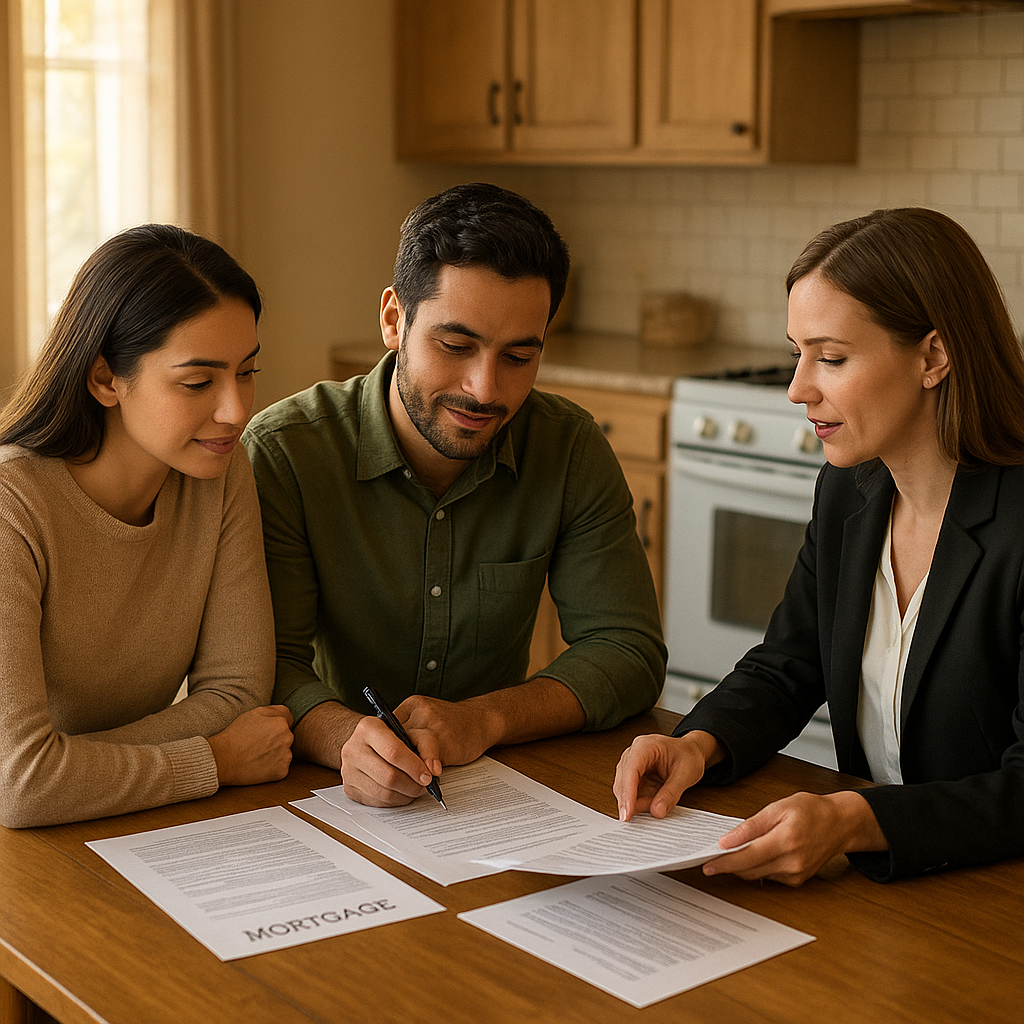 Young couple reviewing student loan and mortgage documents at a kitchen table with a Texas loan officer