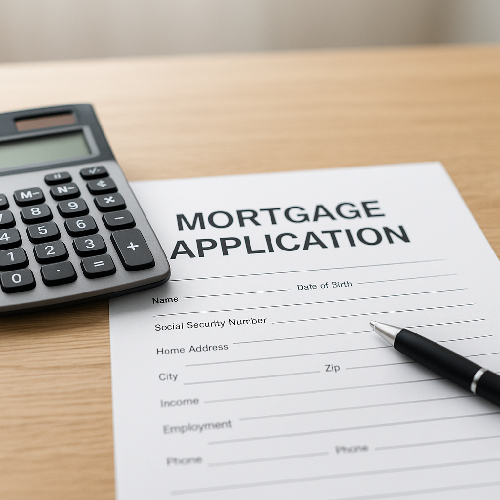 Mortgage refinance application form with a calculator and pen on a wooden desk