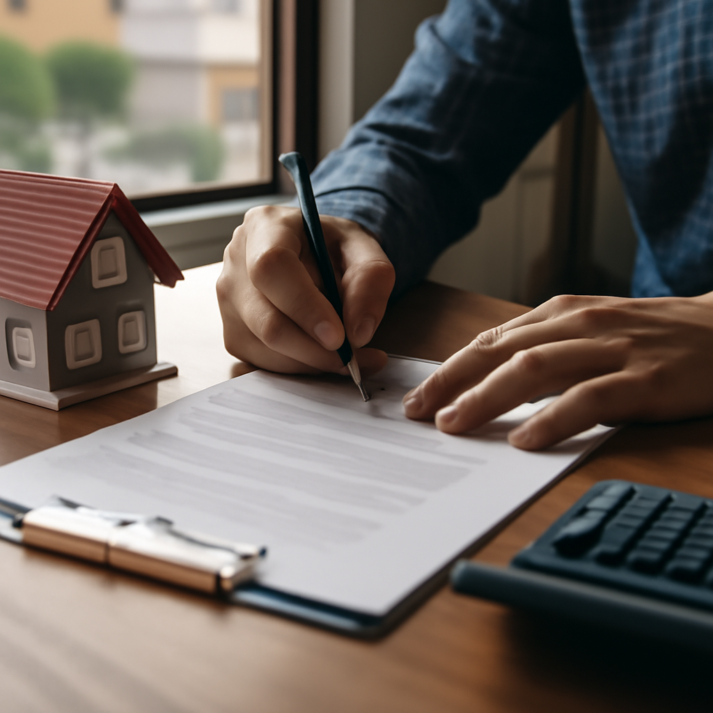 Hands signing down payment assistance loan paperwork at a desk in Texas