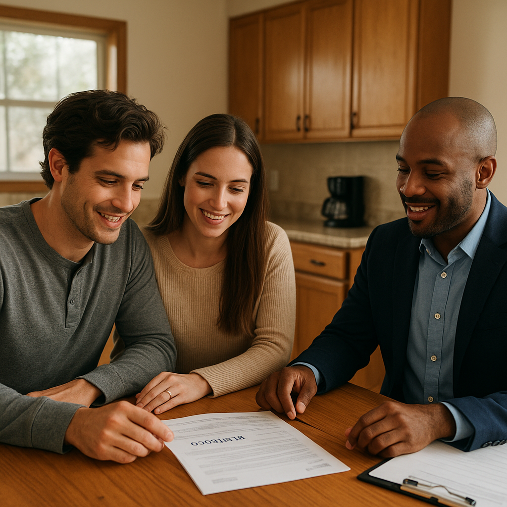 Young couple reviewing first-time homebuyer tax credit paperwork with realtor at kitchen table in Texas home