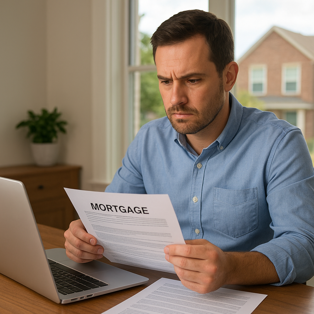 Homeowner reviewing HELOC paperwork at home office desk in Texas suburban home