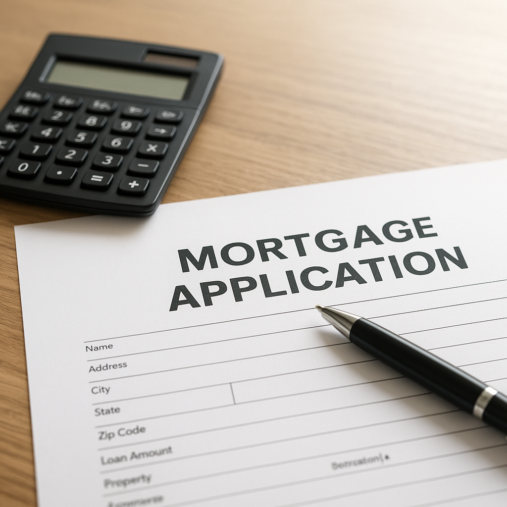 Mortgage application form with calculator and pen on a wooden desk showing escrow and insurance figures