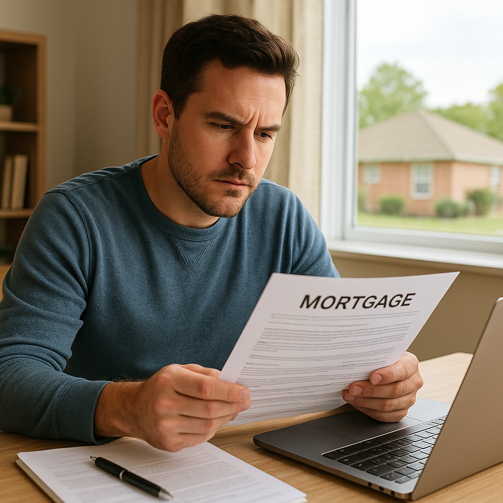 Homeowner reviewing Texas mortgage payoff documents and lien release paperwork at home desk