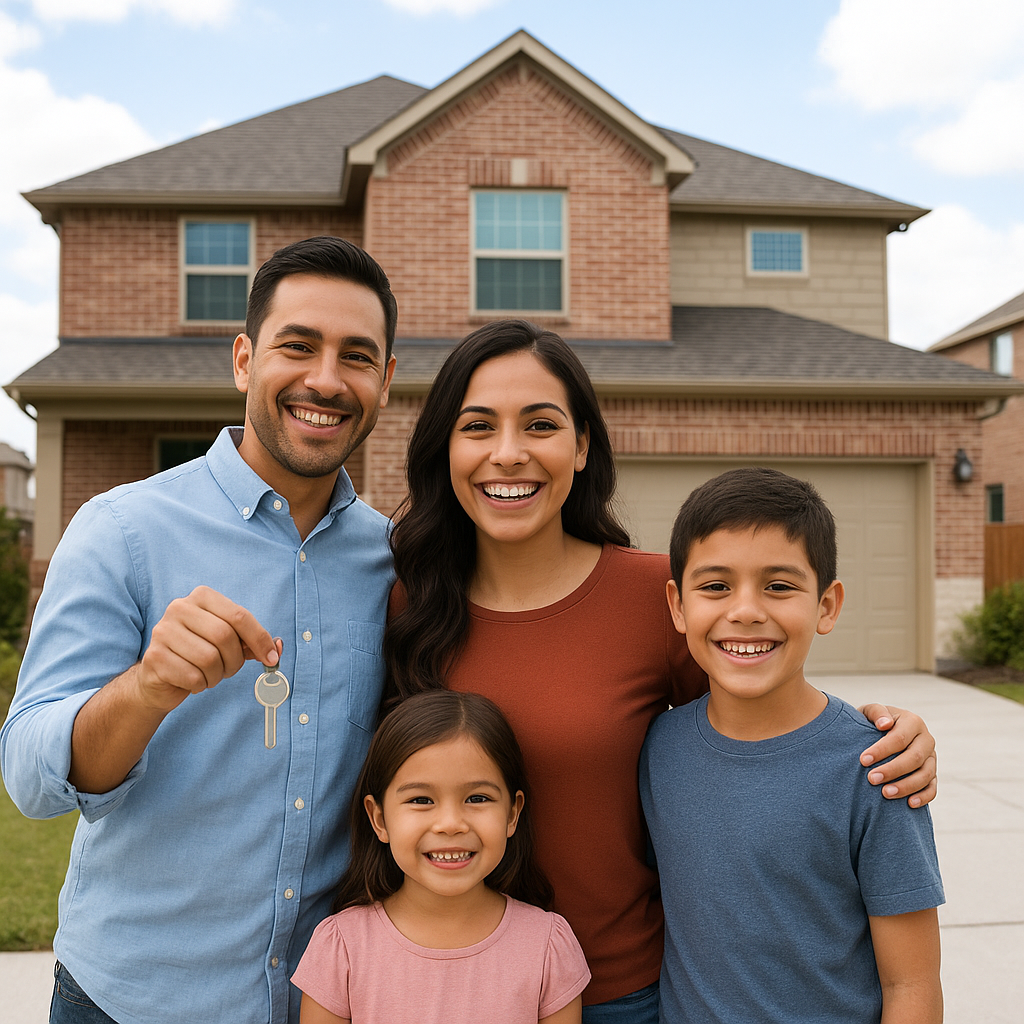 Happy family with house key in front of their new home in DFW Texas