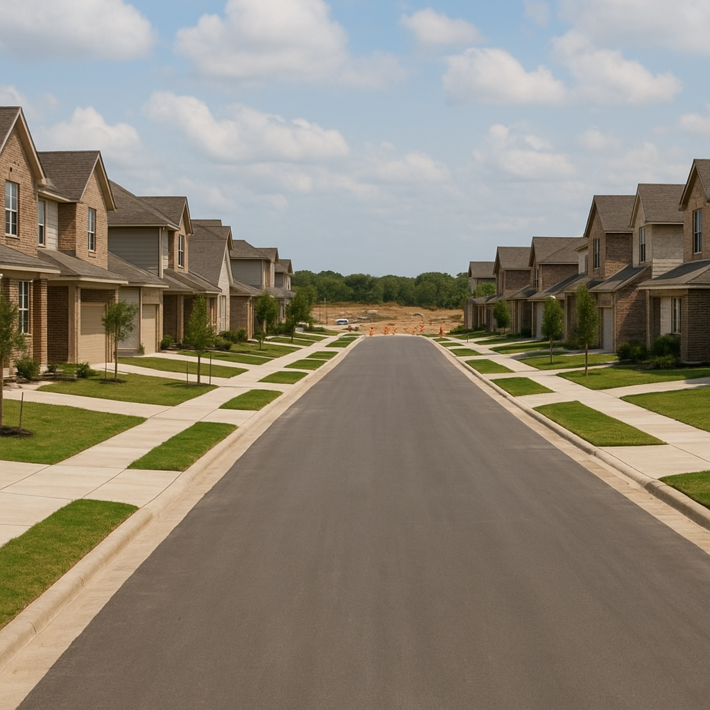 New-construction Texas suburban street with utility infrastructure work in a growth corridor