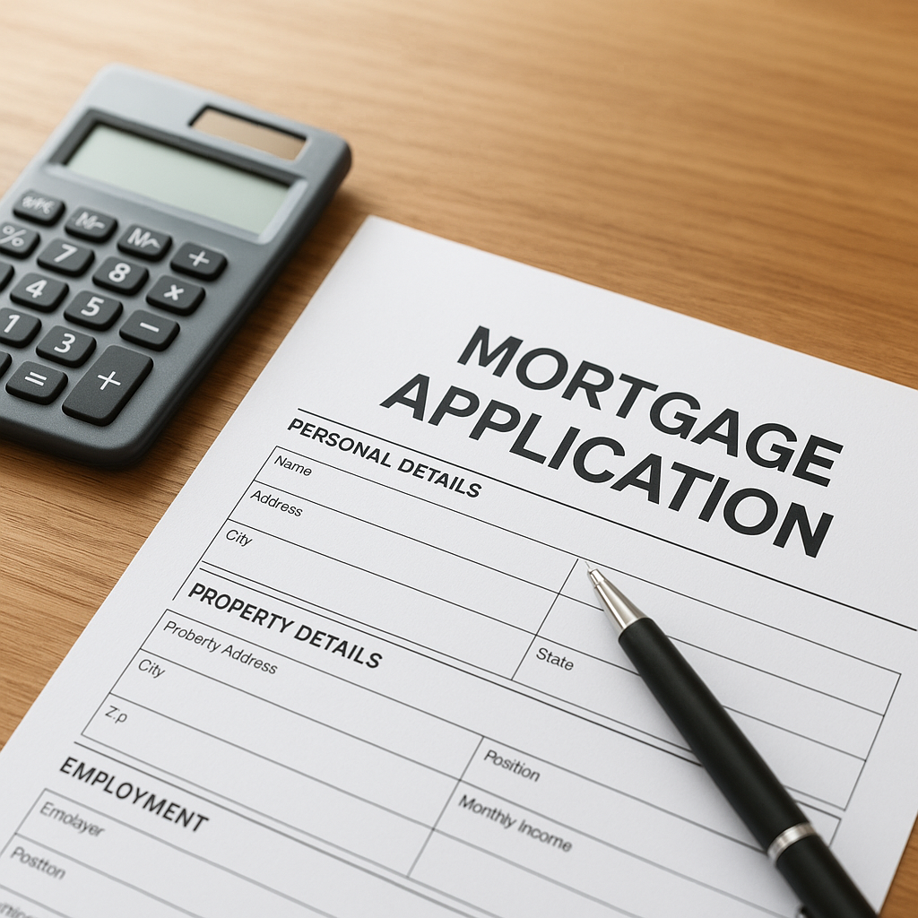 Mortgage application form with a calculator and pen on a wooden desk