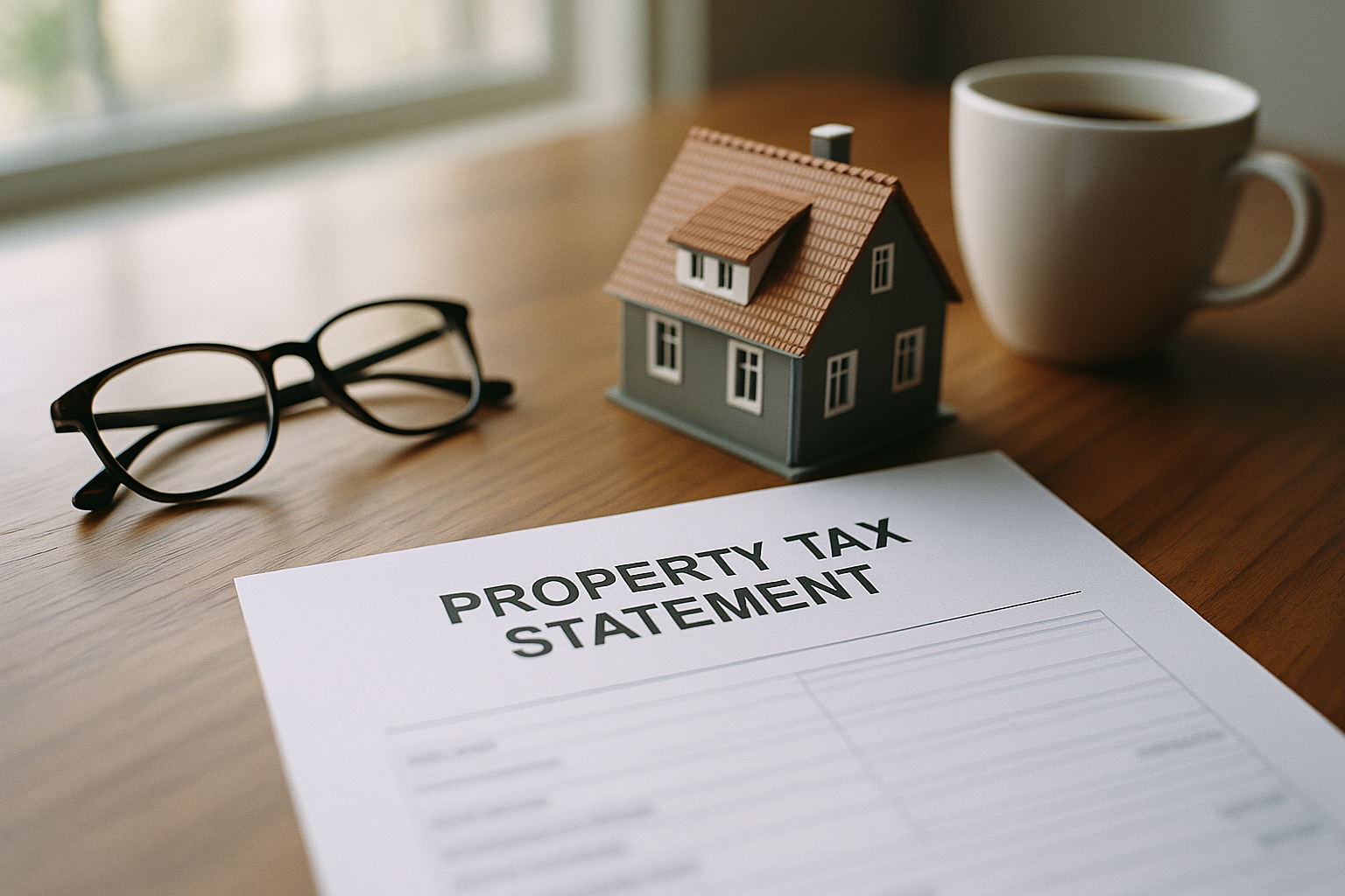 Property tax statement and house model on a desk with reading glasses and coffee