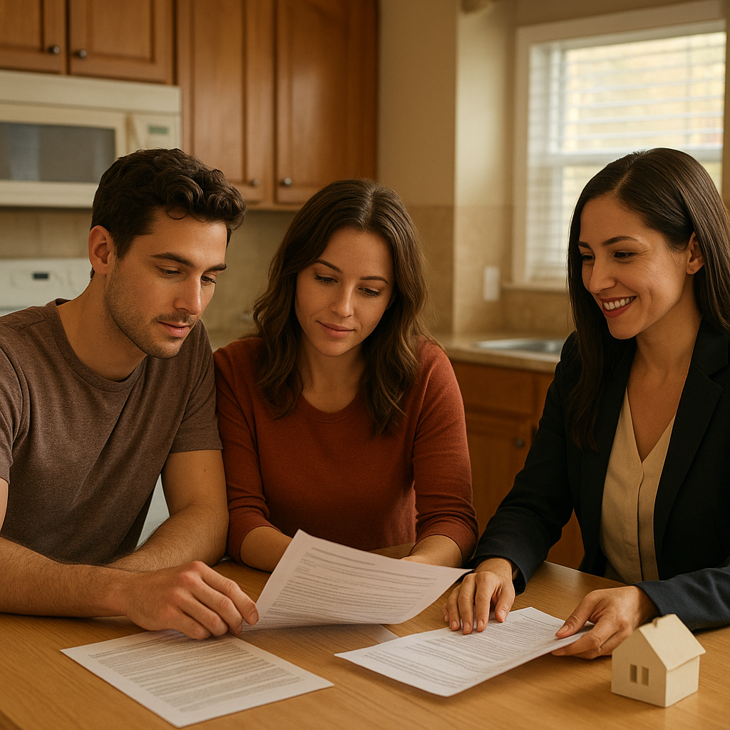 Young couple reviewing mortgage documents with a realtor — Texas Third Party Financing Addendum explained