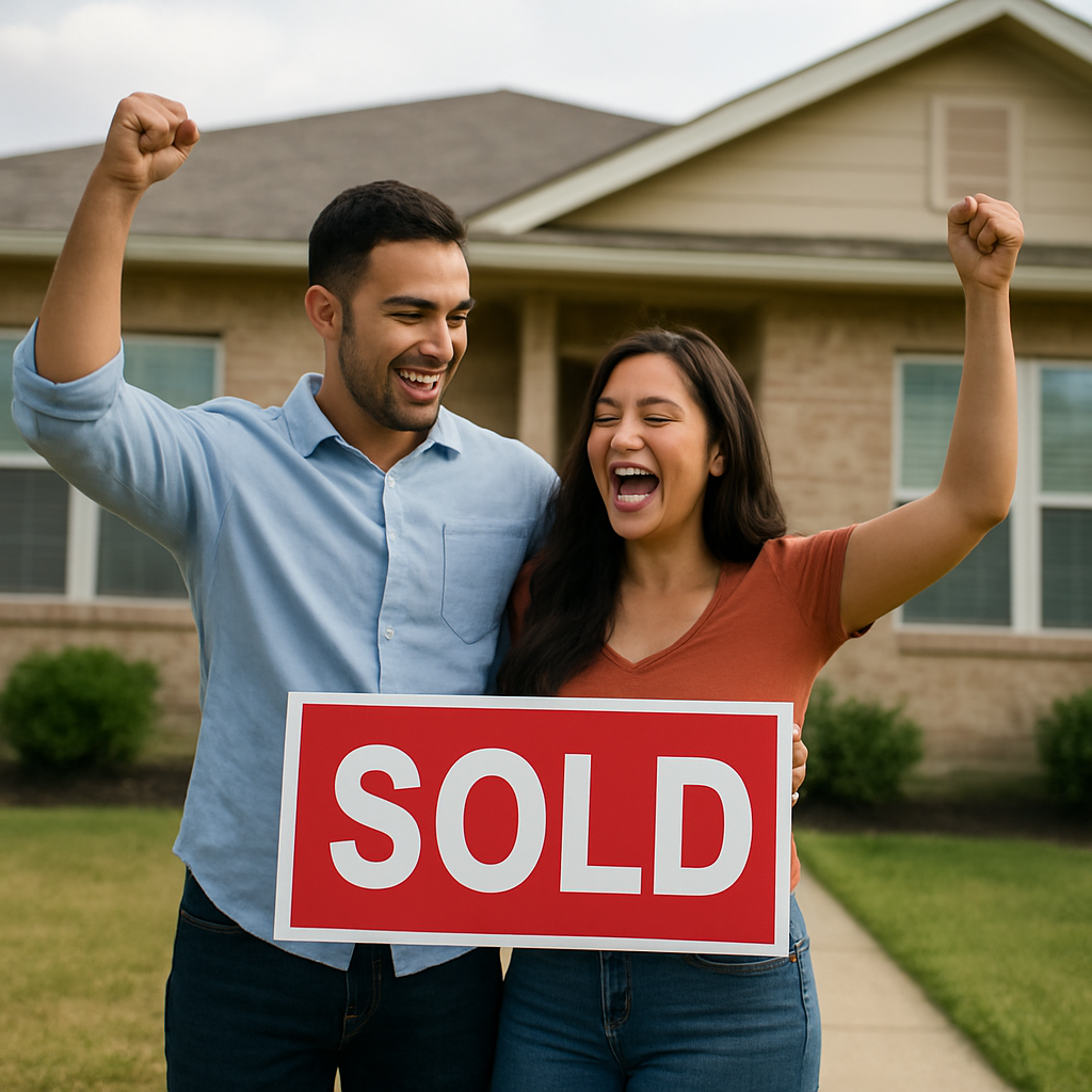 Couple with a sold sign outside a Texas starter home