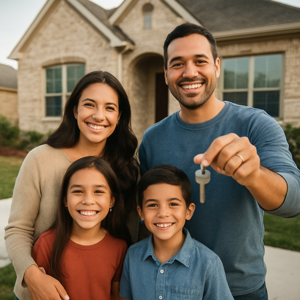 Happy family holding house keys in front of new McKinney Texas home with down payment assistance