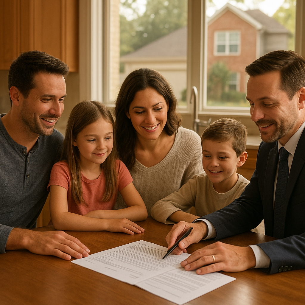 Family reviewing mortgage documents at kitchen table for USDA closing timeline post