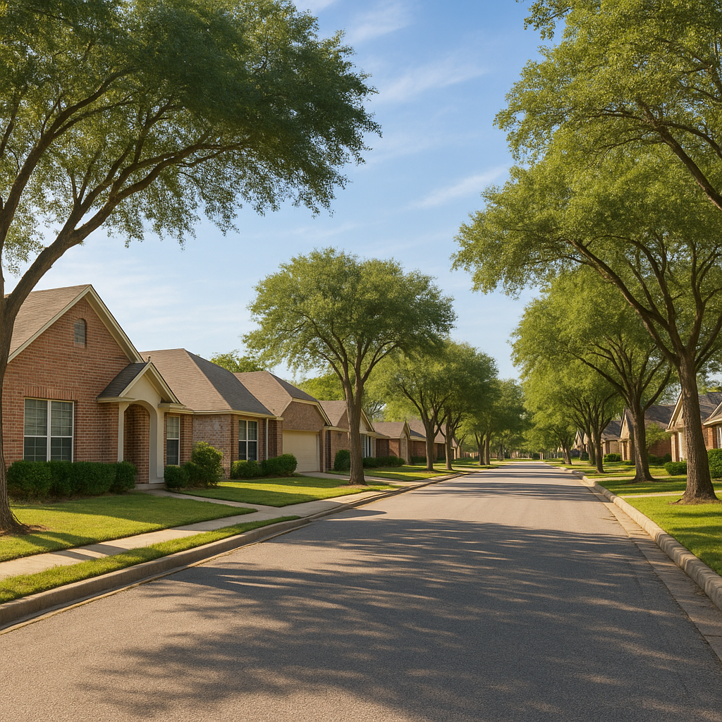 Quiet Texas suburban street in a USDA-eligible Kaufman County community