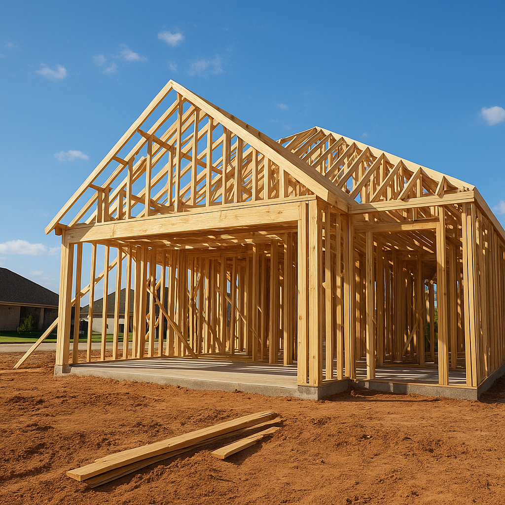 New construction home framing under blue sky in Texas suburb for USDA new construction post