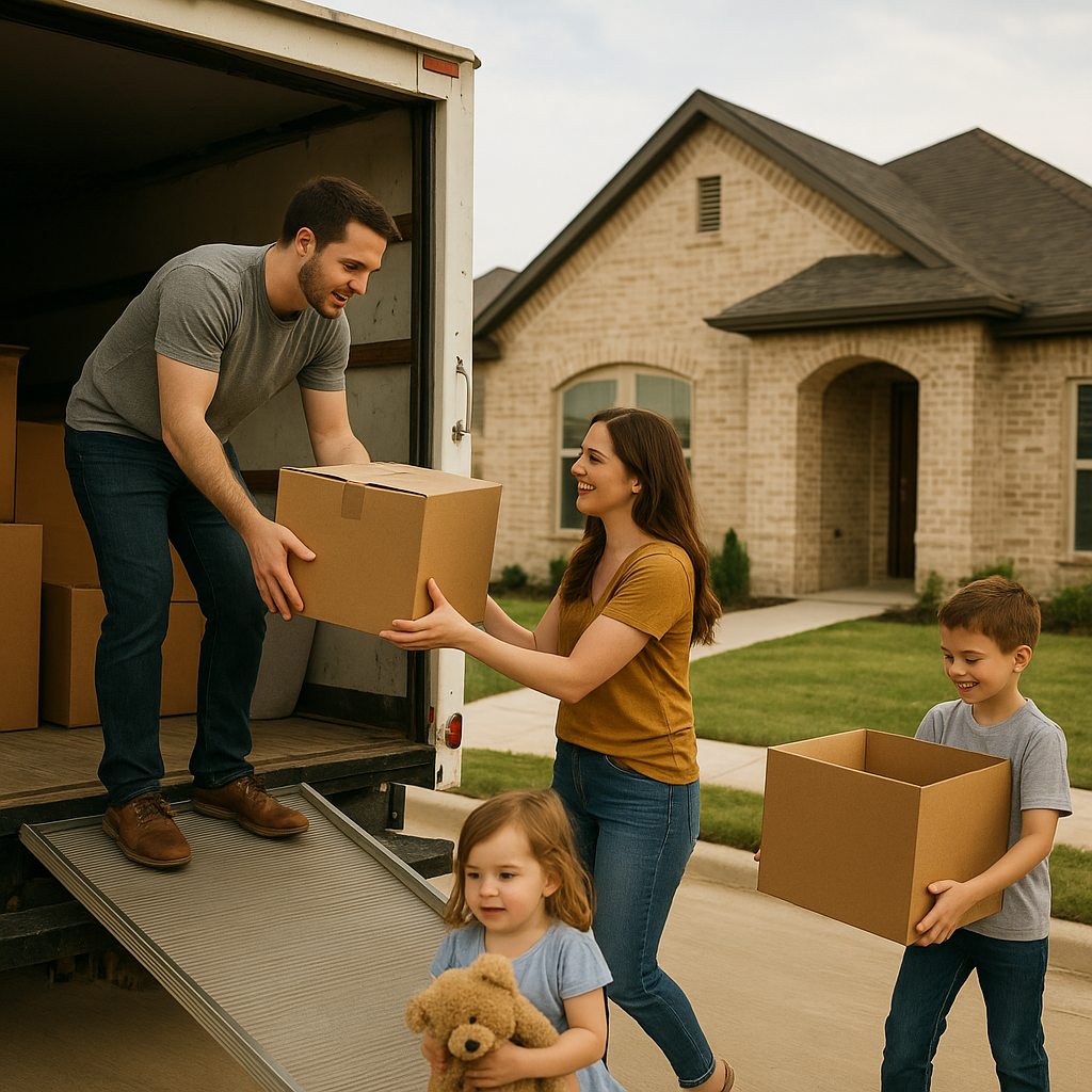 Family unloading a moving truck at a Royse City Texas home