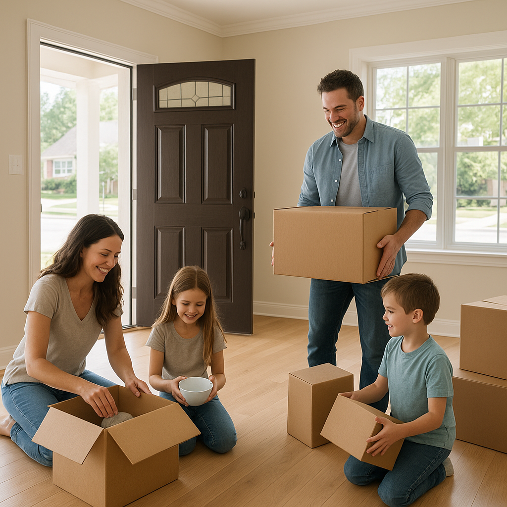 Family unpacking boxes in bright new Texas home for USDA existing homeowner post
