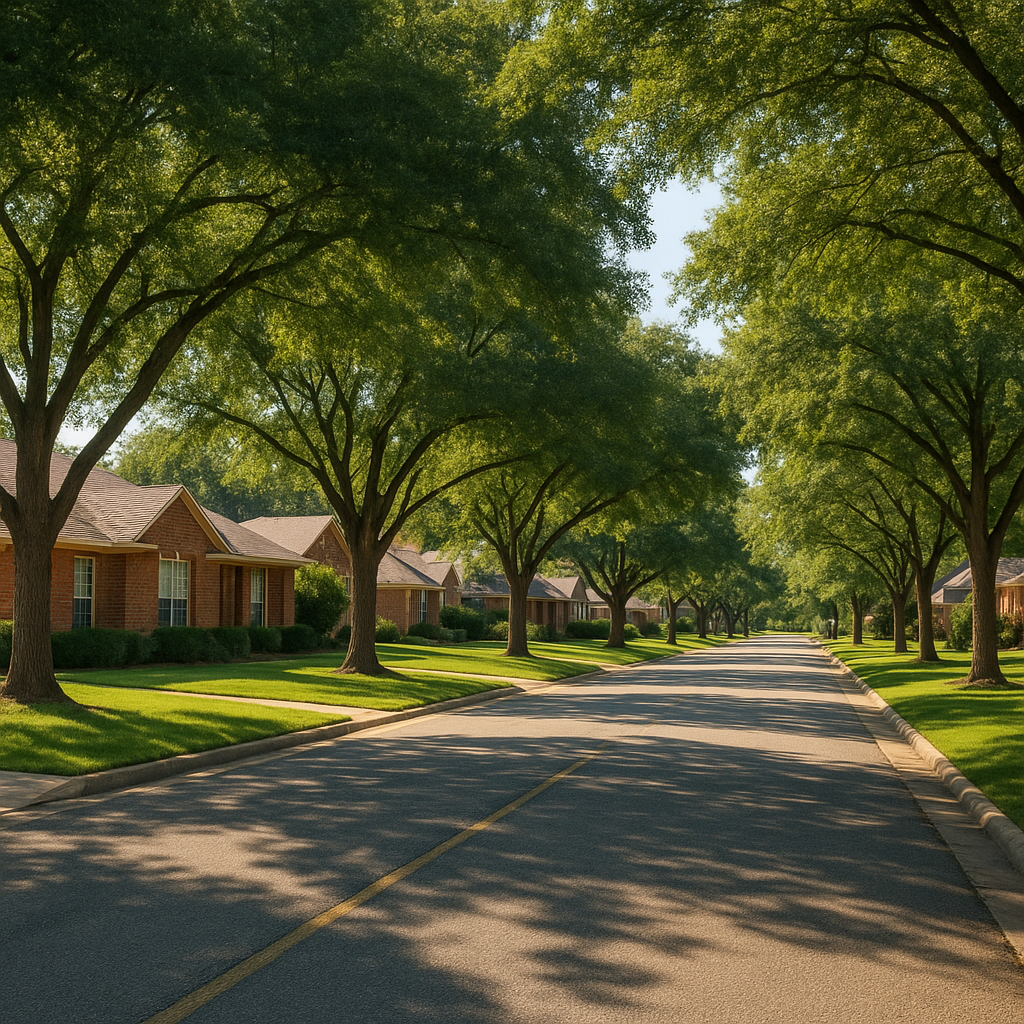 Quiet Texas suburban neighborhood with tree-lined street, Kaufman County region — USDA and FHA eligible