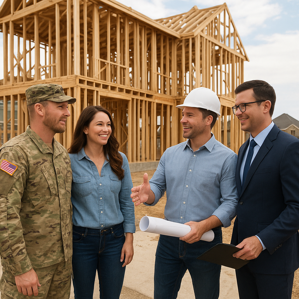 Military veteran couple meeting with contractor outside a house under construction in Texas