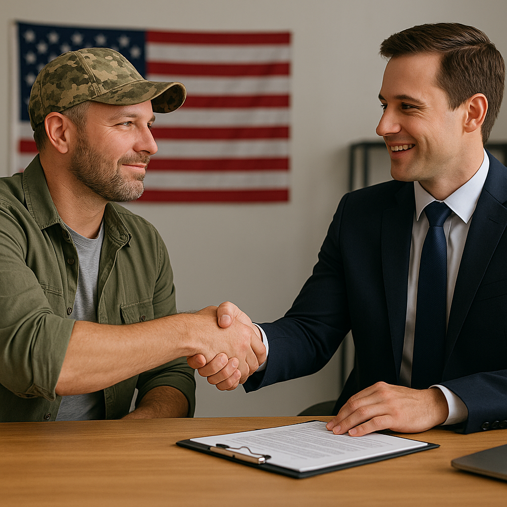 Military veteran shaking hands with a mortgage officer at a desk, American flag in background