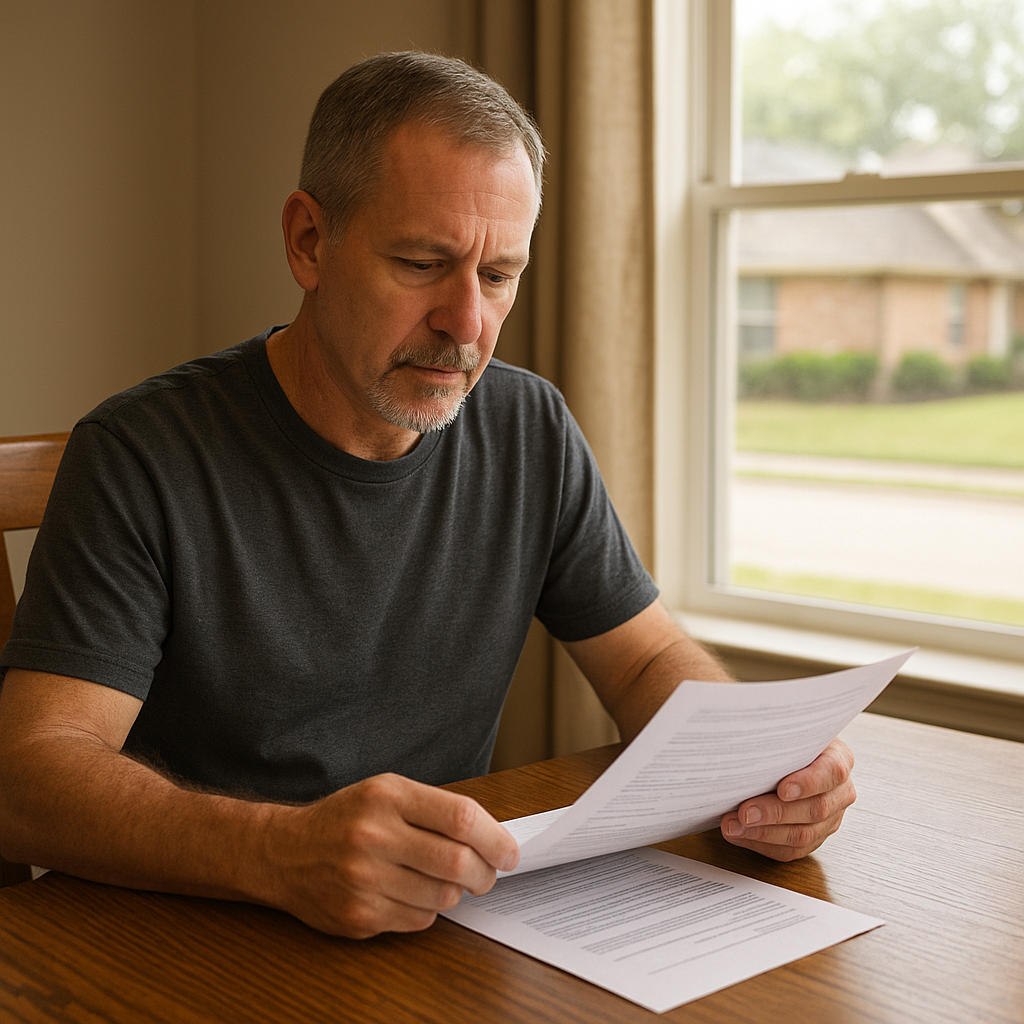 Veteran reviewing VA IRRRL refinance documents at home
