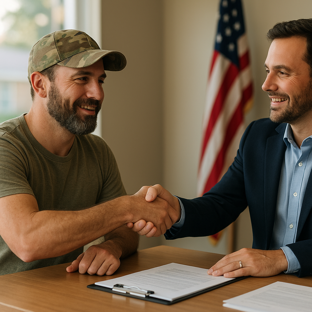 Military veteran shaking hands with mortgage officer discussing VA loan in Allen TX