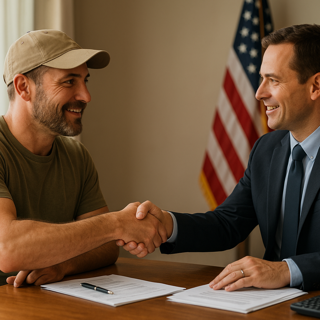 Military veteran shaking hands with mortgage officer discussing VA loan in Arlington TX