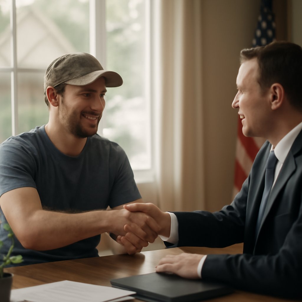 Military veteran shaking hands with a mortgage officer at a desk with an American flag subtly visible