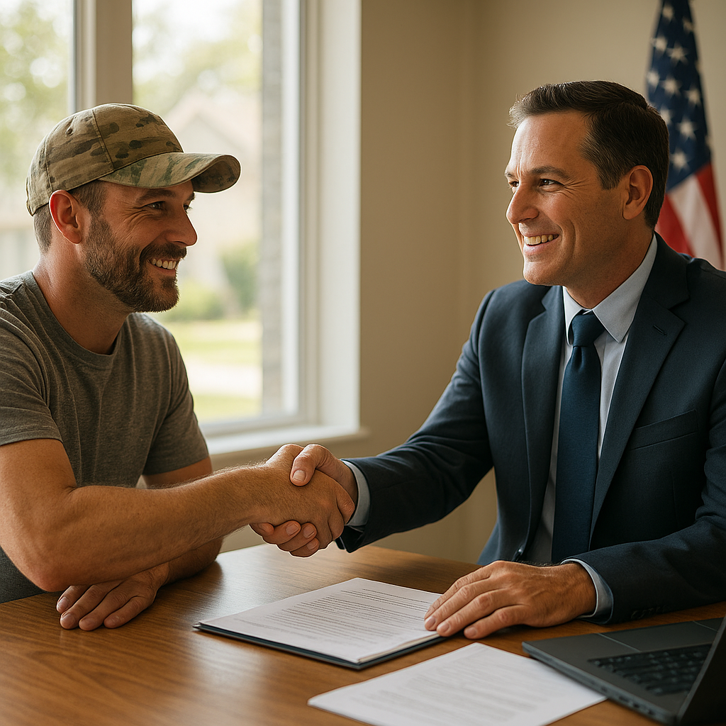 Military veteran shaking hands with mortgage officer discussing VA loan in Dallas TX